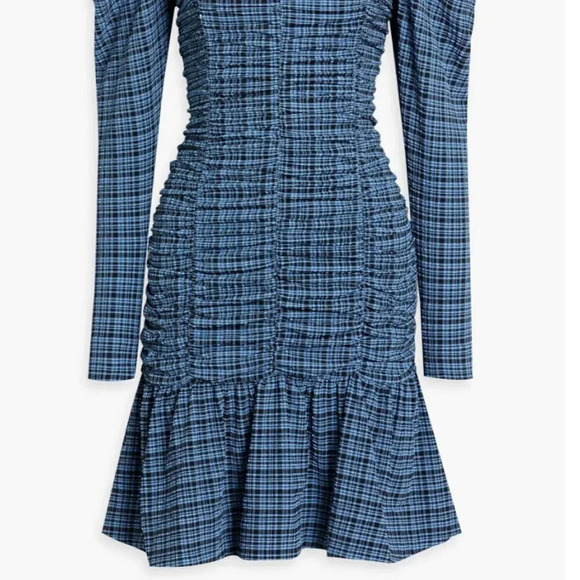 Ganni Mini DressRuched Checked Stretch Seersucker Blue Black New Size 34 US 4 - Picture 4 of 8